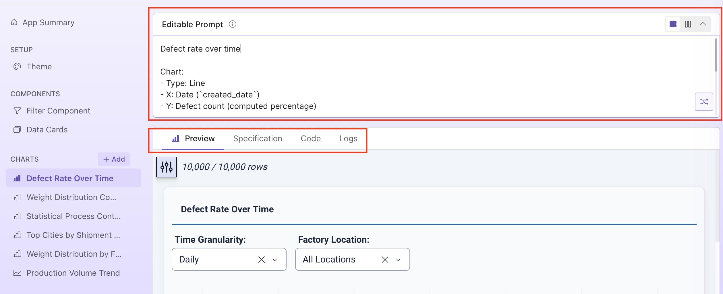 Options available for a component or setup
