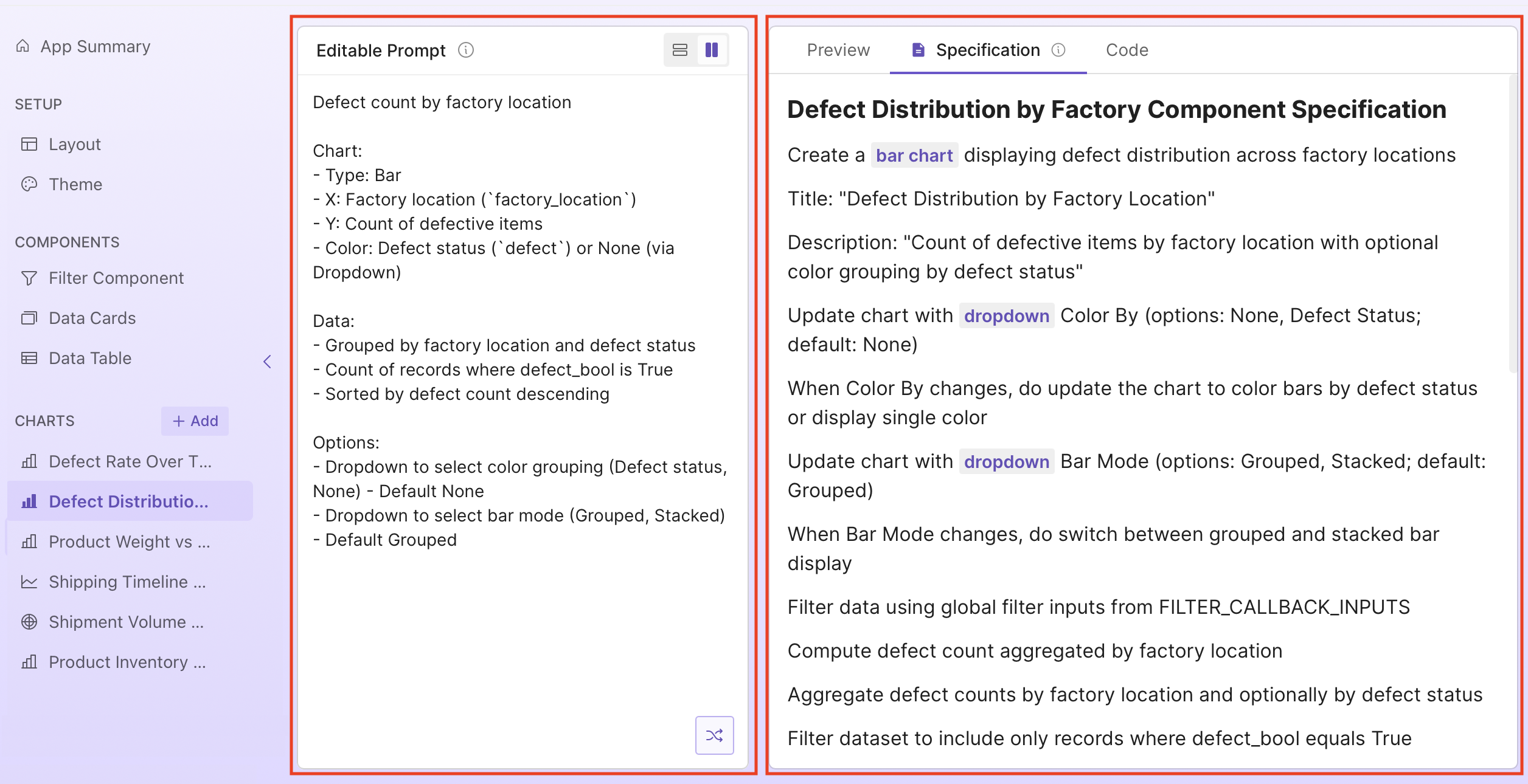 Prompt editing area and specification tab in Plotly Studio