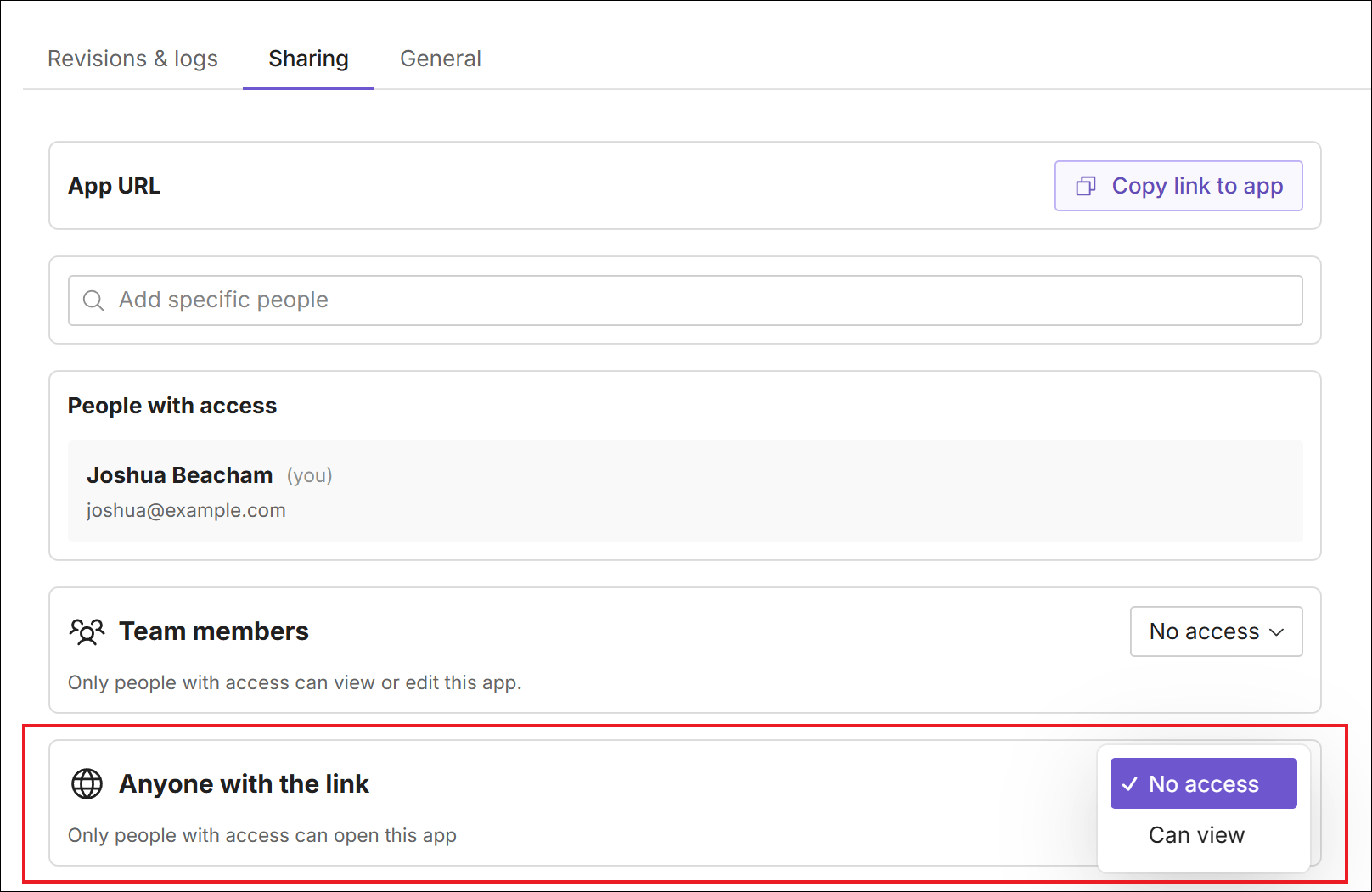Configure app access for anyone with the link