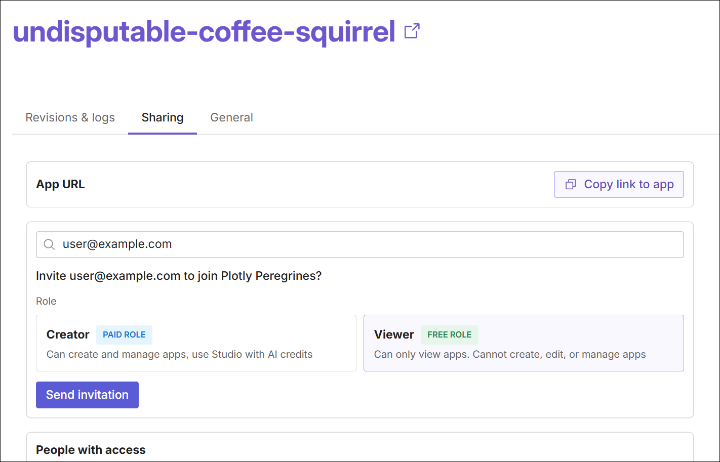 The Send invitation button is displayed when a user not belonging to the team is searched for in the app sharing settings