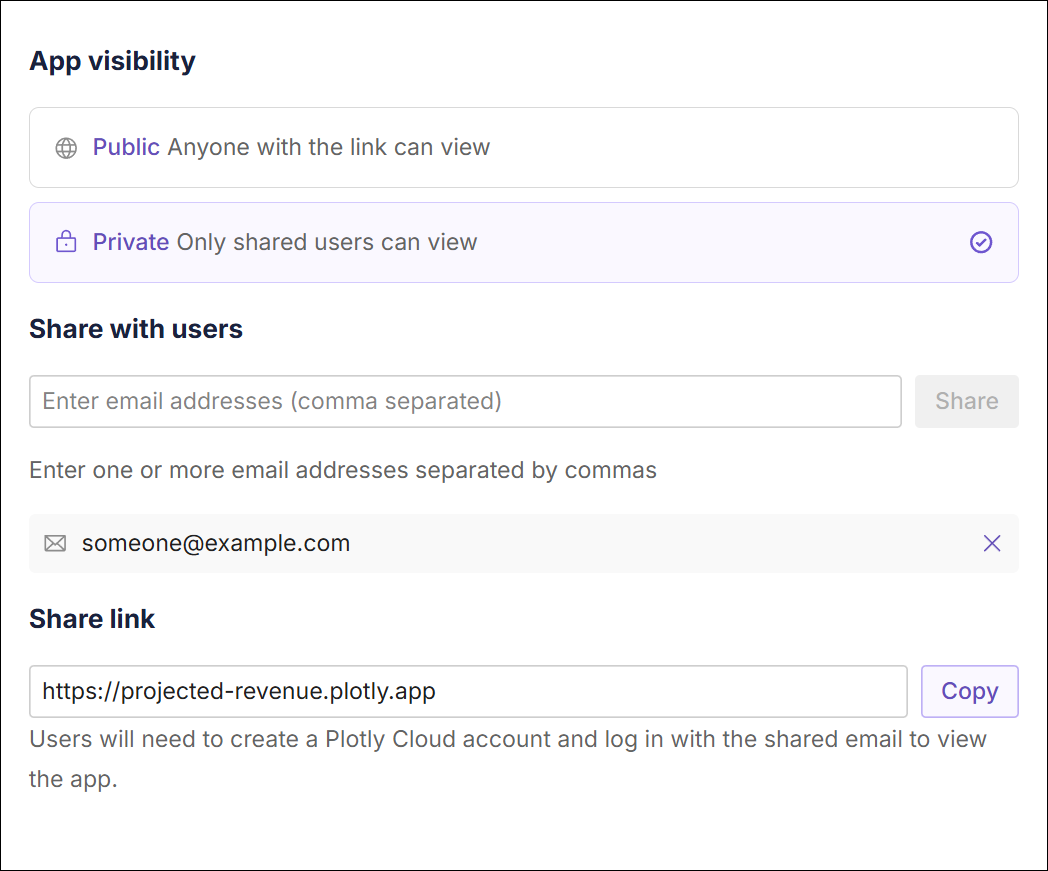 Example of a private app shared with one user