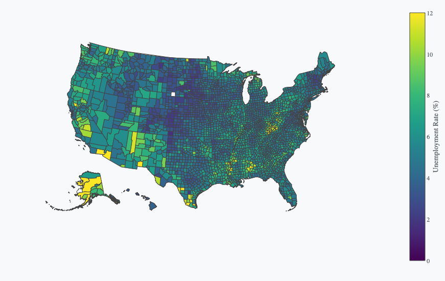 choropleth map showing US county unemployment rates