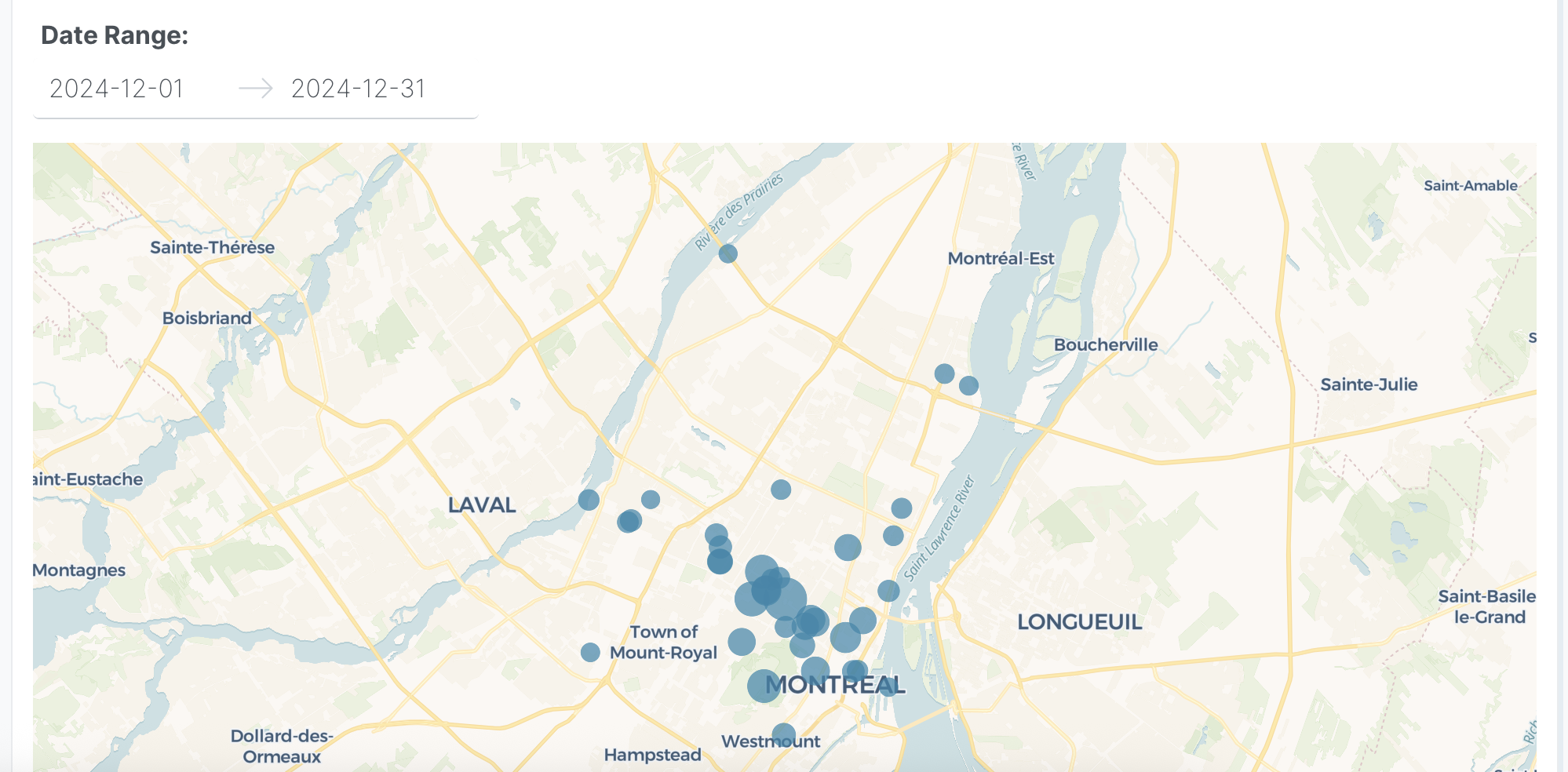 Interactive controls on map showing date range picker