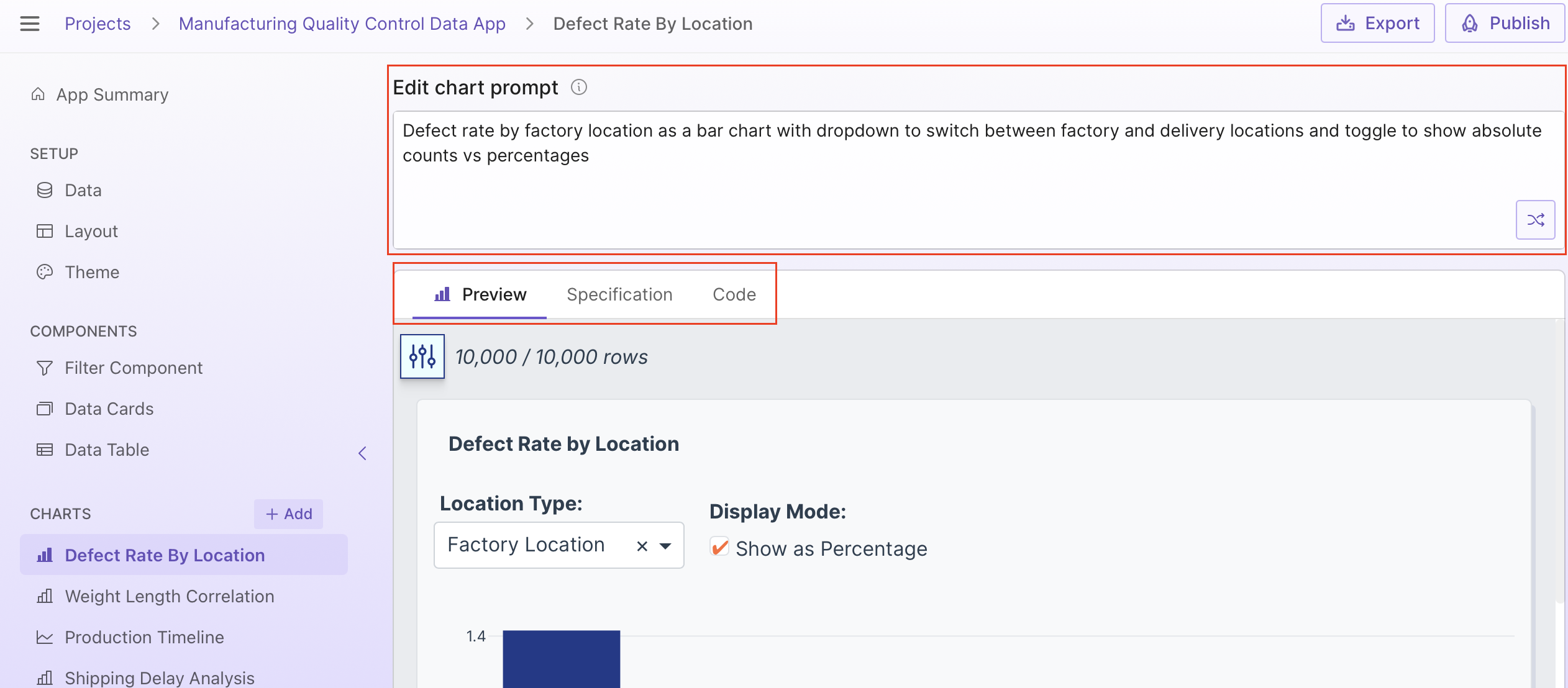 Options available for a component or setup