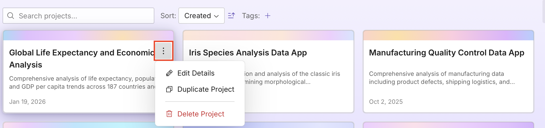 Managing projects menu on a project card