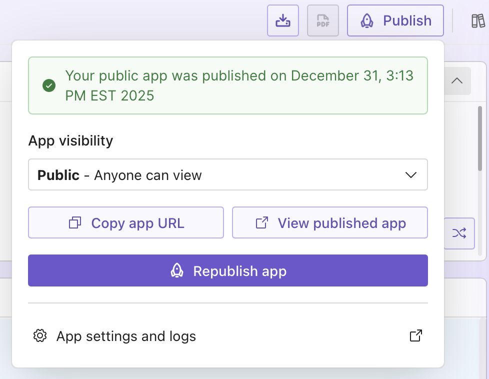 Publish menu options