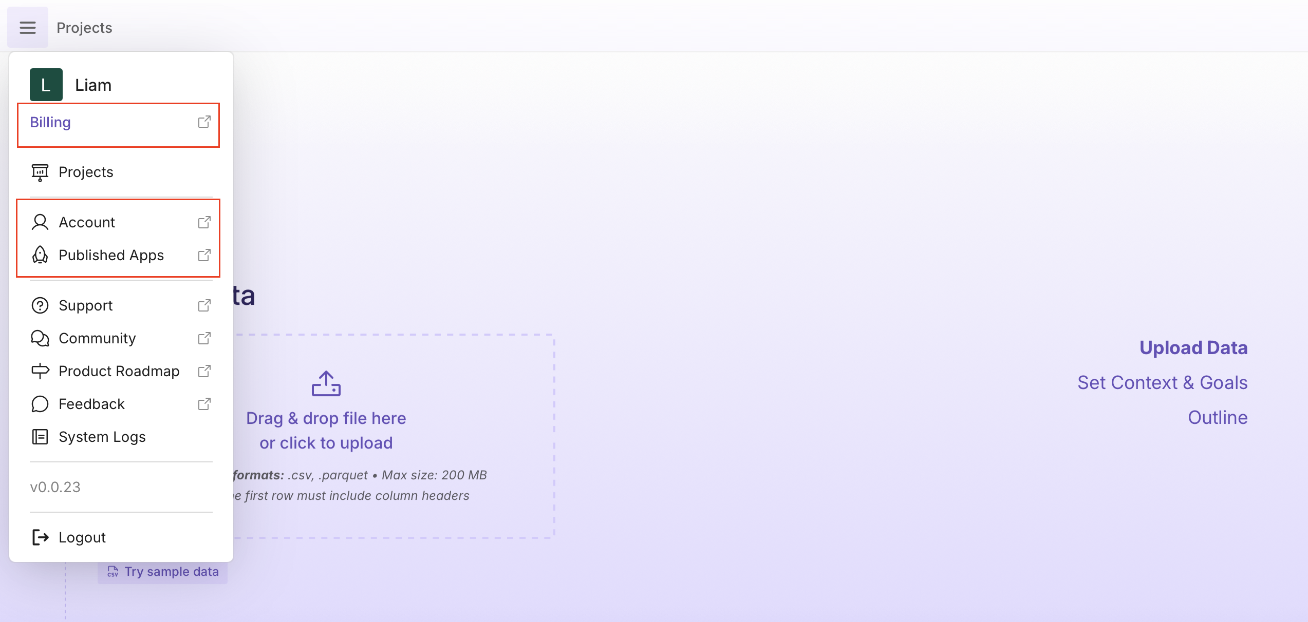 Settings menu